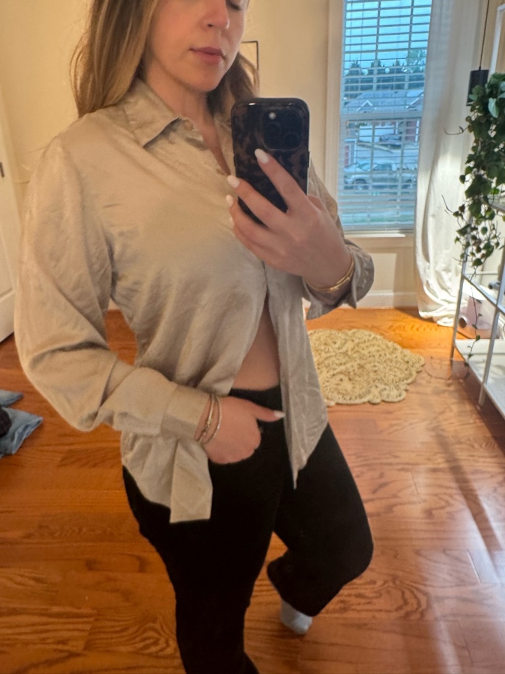 Vintage 100% silk Light Gray Button-Up